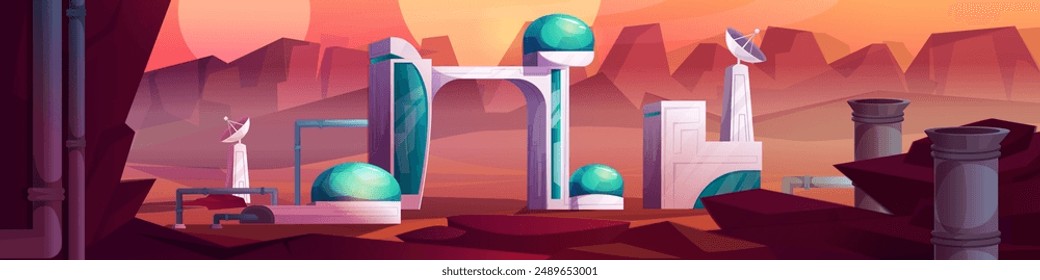 Futuristic space station on alien planet. Vector cartoon illustration of science mission base with modern buildings under glass domes, pipeline, radar antennas, rocky stone terrain, mars exploration