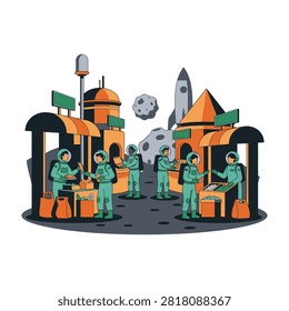 Futuristic space station scene with astronauts working, rocket launch pad, and moon in background