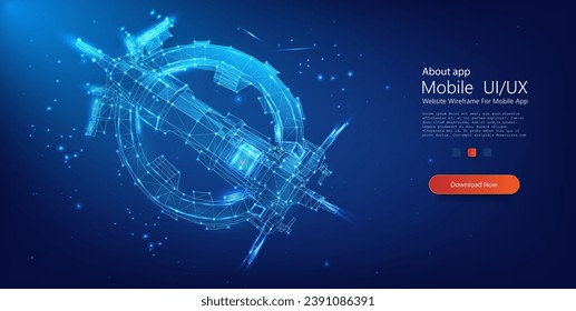 Futuristic Space Station Structure with Polygonal Design on Starry Background. Space orbital satellite on the blue background. Isolated vector illustration