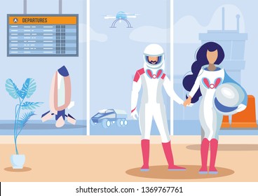 Futuristic Space Travels Flat Vector Illustration. Female, Male Astronauts, Cosmonauts in Spacesuits, Helmets Cartoon Characters. Airport, Spaceport with Spaceship, Shuttle, Drone Vehicles