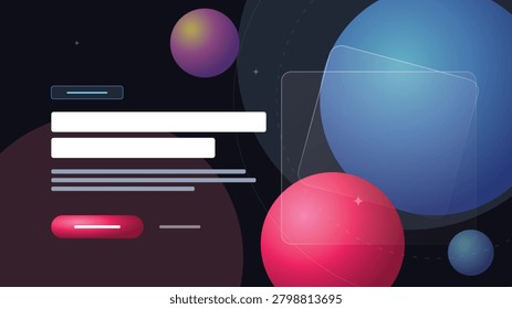 Futuristic Space User Interface Abstract Glassmorphism Illustration Web Landing Page Template Background With Gradient Spheres For Digital Technology Presentation. A futuristic digital art piece featuring a cosmic themed user interface with glassmorphism panels, vibrant gradient spheres representing planets, and clean text layout elements.