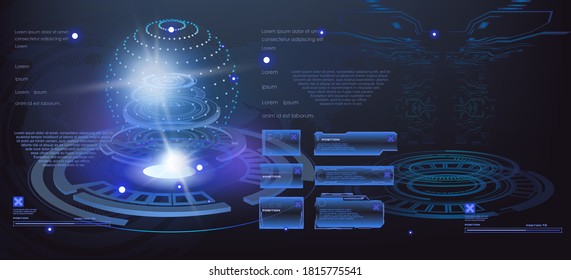 Futuristic space user interface HUD. High-tech background with information portal and biofield. Holographic teleport of virtual reality volumetric sphere on abstract background