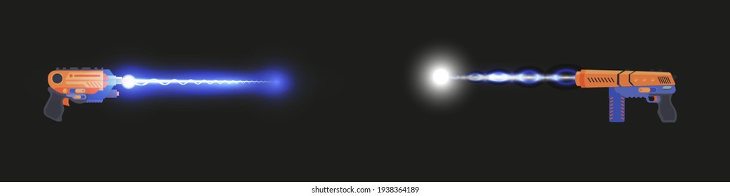 Futuristic space weapon game design. The blaster fires a laser beam. Futuristic alien pistol and ray gun in space. Space army ray gun.