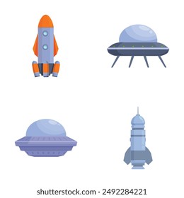 Futuristic spacecraft collection vector set with illustrations of rockets, ufos, spaceships, and other space vehicles for interstellar and intergalactic missions