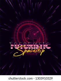 Futuristic spaceship 3d concept on starry sky. Bright typography of 80s. Retro futurism. Sci-fi background in retro style. Purple neon light. Vector illustration.