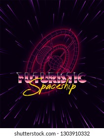 Futuristic spaceship 3d concept on starry sky. Bright typography of 80s. Retro futurism. Sci-fi background in retro style. Purple neon light. Vector illustration.