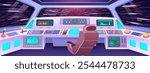 Futuristic spaceship cockpit. Hyper jump view from space station cabin with high tech control panel, pilot seat and cosmic backdrop. Cartoon interstellar travel vector illustration.