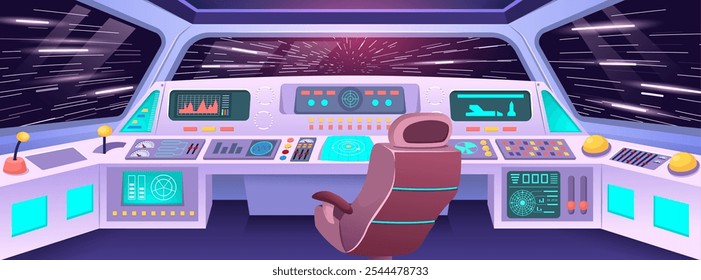 Futuristic spaceship cockpit. Hyper jump view from space station cabin with high tech control panel, pilot seat and cosmic backdrop. Cartoon interstellar travel vector illustration.