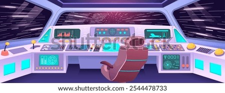 Futuristic spaceship cockpit. Hyper jump view from space station cabin with high tech control panel, pilot seat and cosmic backdrop. Cartoon interstellar travel vector illustration.