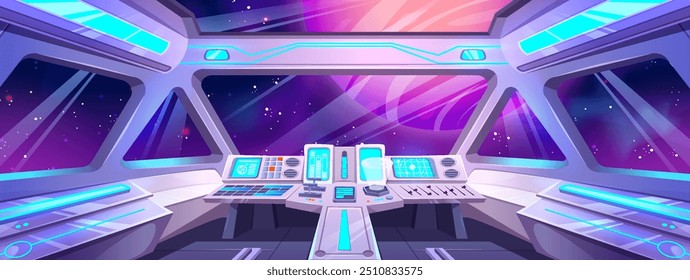 Futuristic spaceship cockpit interior with pilot control panel, windows with cosmos outside, neon glowing screens and navigation dashboard. Cartoon rocket or spacecraft cabin room travel in space.