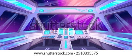 Futuristic spaceship cockpit interior with pilot control panel, windows with cosmos outside, neon glowing screens and navigation dashboard. Cartoon rocket or spacecraft cabin room travel in space.