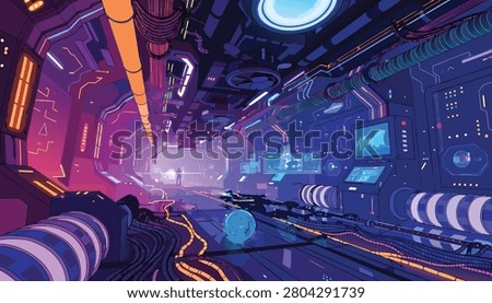 Futuristic Spaceship Corridor Vector Illustration, Sci-Fi Interior with Neon Lights and Cyberpunk Control Panels