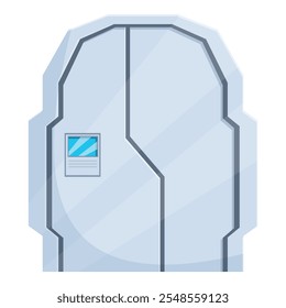 Futuristic spaceship door is almost closed, showing a small digital display with some information