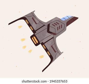 Futuristic spaceship with fire flames flying in outer space. Flight of fantasy intergalactic spacecraft. Spaceflight of cosmic shuttle. Colored flat vector illustration of spacewalk in cosmos