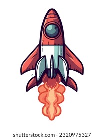 Futuristic spaceship flying in galaxy with rocket flames isolated