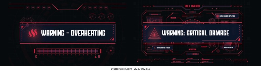 Futuristic spaceship HUD interface concept with warning pop up. Abstract technology screen elements set. Innovation cyberspace background.