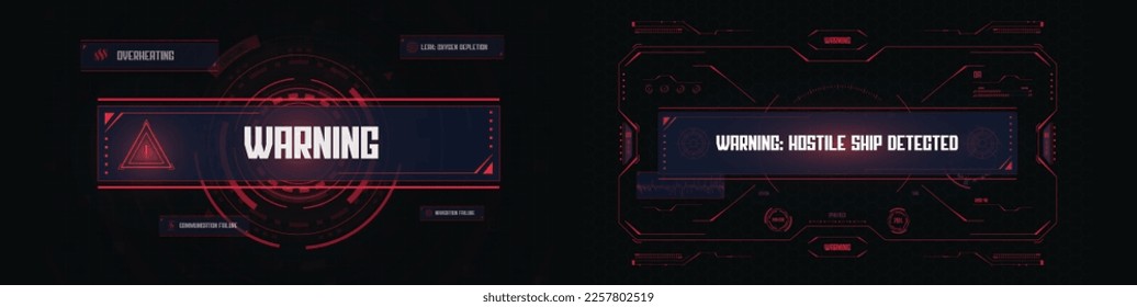 Futuristic spaceship HUD interface concept with warning pop up. Abstract technology screen elements set. Innovation cyberspace background.