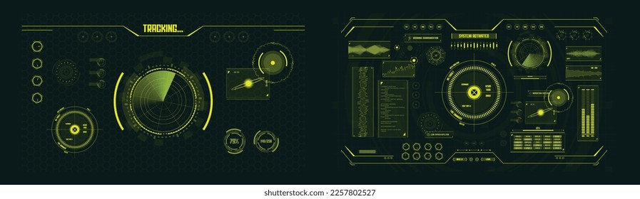 Futuristisches Raumschiff-HUD-Interface-Konzept. Abstrakte Technologie-Bildschirm-Elemente Set. Innovation, Cyberspace-Hintergrund.