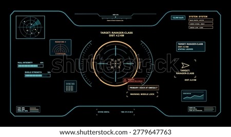 Futuristic Spaceship HUD Targeting Interface. Sci-fi cockpit display with neon radar, targeting reticle, missile lock warning, ship status panels and tactical space navigation data. Vector HUD, VR