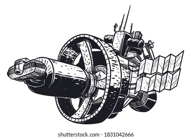 Futuristic spaceship with human outpost, advanced gravity system, solar panels, communication and navigation devices.