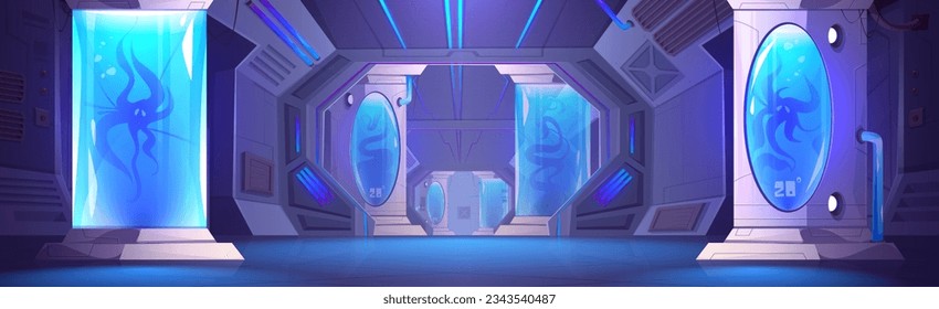 Futuristic spaceship interior corridor and capsule inside. Space ship with science lab and cryogenic hibernation technology container. Neon light in laboratory hall with door. Cryopod panel vector