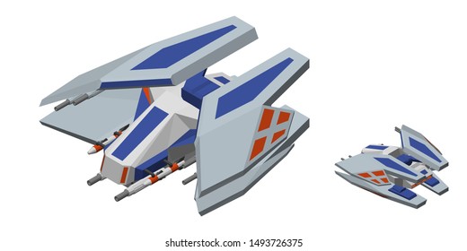 Futuristic spaceship. Isolated on white background. 3d Vector illustration. Isometric projection.