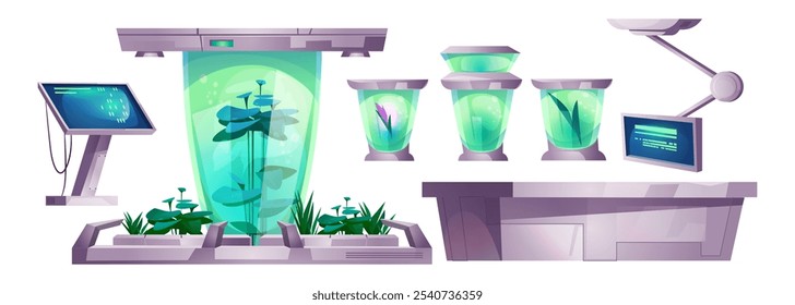 Futurista nave espacial laboratório objeto interior para o jogo. Sala de fantasia dentro da estação do navio com cápsula criogênica e painel de monitor para pesquisa científica de plantas. Biotecnologia bunker design de móveis