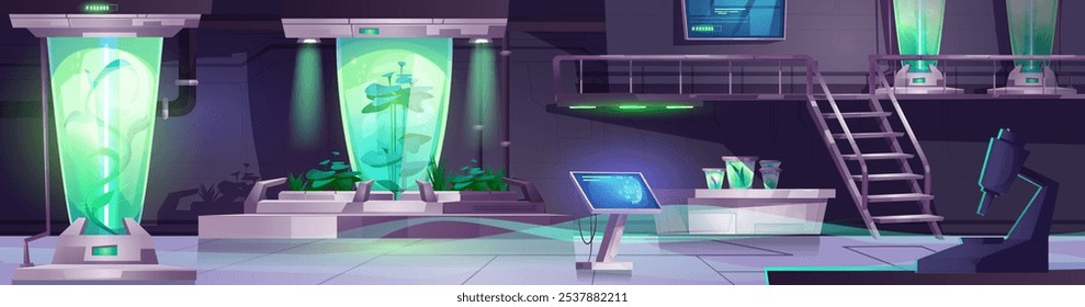 Futuristic spaceship lab with plant samples. Vector cartoon illustration of space laboratory with modern computers, green sprouts in capsules, modern microscope, scifi game bunker, scientific research