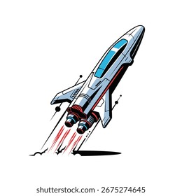 Futuristic spaceship launching into outer space with fiery exhaust trails below