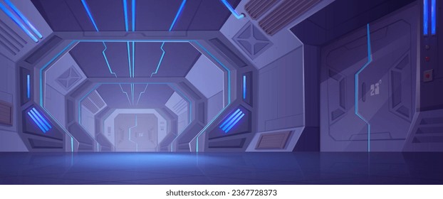 Futuristische Raumschiff-Metalltür auf Schiffsinnenhintergrund. 2d digitale Laborstation mit Neonlicht in einem Schleusengang mit Schieber-Stahltor-Geheimraum, Vektorgrafik-Illustration