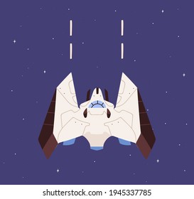 Futuristic spaceship with wings flying in outer space. Flight of spacecraft on sky background. Intergalactic cosmic shuttle. Colored flat cartoon vector illustration of UFO spaceflight in cosmos