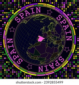 Futuristic Spain on globe. Bright neon satelite view of the world centered to Spain. Geographical illustration with shape of country and geometric background. Creative vector illustration.