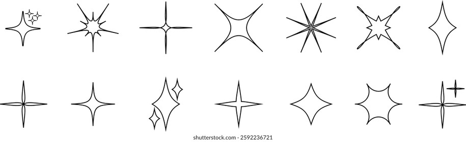 Futuristic sparkle star icons set. Abstract cool shine effect sign black outline vectors. Flash symbols. Template for posters, project, banner, logo, business cards isolated on transparent background.