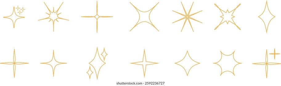 Futuristic sparkle star icons set. Abstract cool shine effect sign yellow outline vectors. Flash symbol. Template for posters, project, banner, logo, business cards isolated on transparent background.