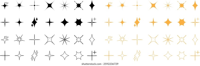 Futuristic sparkle star icons set. Abstract cool shine effect signs flat and outline vectors. Flash symbols. Template for posters, banners, logos, business cards isolated on transparent background.