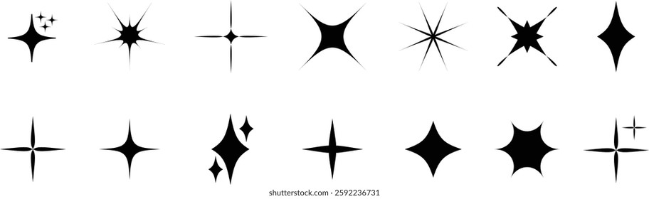 Futuristic sparkle star icons set. Abstract cool shine effect sign black flat vectors. Flash symbols. Template for posters, project, banner, logo and business cards isolated on transparent background.