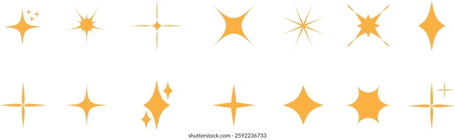 Futuristic sparkle star icons set. Abstract cool shine effect sign yellow flat vectors. Flash symbols. Template for poster, project, banner, logo and business cards isolated on transparent background.