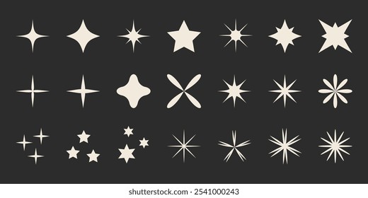 Conjunto de estrellas brillantes futuristas. Y2k signos abstractos. Estrellas parpadeantes, chispas y destellos de colección. Abstractas Elementos de diseño de brillo fresco en estilo retro. Ilustración vectorial