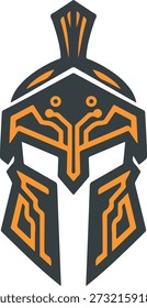 Futuristic Spartan helmet mascot vector illustration with orange circuit board patterns for e-sports gaming logos