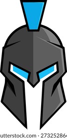 Ilustração vetorial de mascote de capacete espartano futurista com destaques de néon azul nítido para logotipos de jogos de e-sports