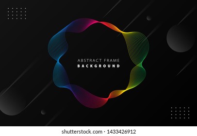 Futuristic spectrum rainbow gradient wave frame vector black Memphis background, colorful abstract rotate line border digital dynamic elegant wavy flow spin round, technology web poster card template