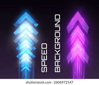 Futuristic speed background with glowing arrows and motion blur. digital abstract technology concept with fast moving elements.