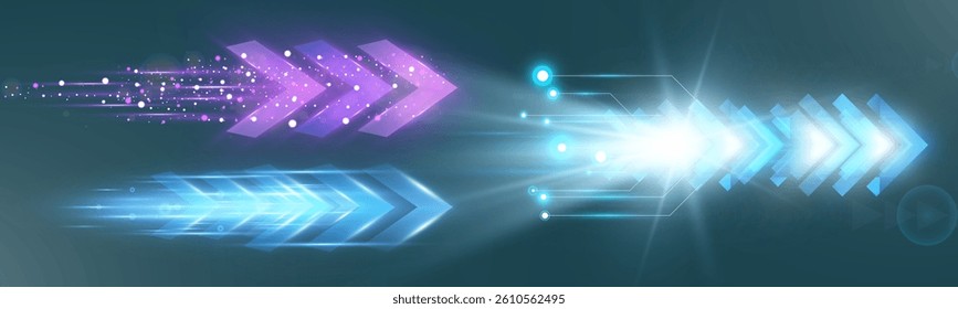 Futuristic speed background with glowing arrows, motion blur, digital technology concept, fast-moving elements, dynamic light trails, high-tech energy flow, acceleration effect, sci-fi motion design.