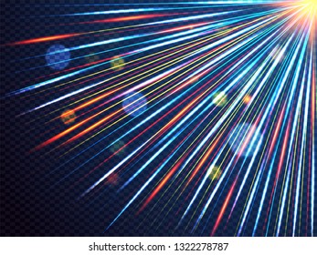 Futuristic speed lines with flare bokeh effect, motion background.