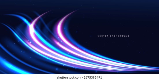 Movimiento de velocidad futurista azul y rosa brillante sobre fondo oscuro. Concepto del telón de fondo del coche del movimiento. Ilustración vectorial