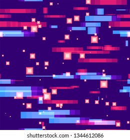 Futuristic Speed Seamless Background. Light Shapes Pattern. Neon Geometric Print Pattern. Virtual Space Concept.