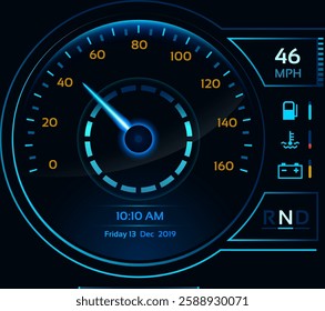 Futuristic speedometer displaying 46 miles per hour at 10,10 AM on Friday, December 13, 2019, featuring indicators for fuel, temperature, and battery levels in a sleek, modern design