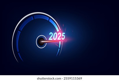 Futuristic Speedometer Moving Towards 2025 with Bright Glowing Blue and Red Effects, Symbolizing Future Goals, Innovation, and Technology Progress