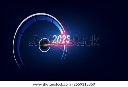 Futuristic Speedometer Moving Towards 2025 with Bright Glowing Blue and Red Effects, Symbolizing Future Goals, Innovation, and Technology Progress