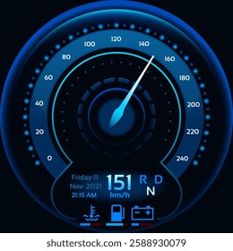 Futuristic speedometer showing 151 kilometers per hour on a car dashboard with date, time, coolant temperature, fuel level and battery charge indicator